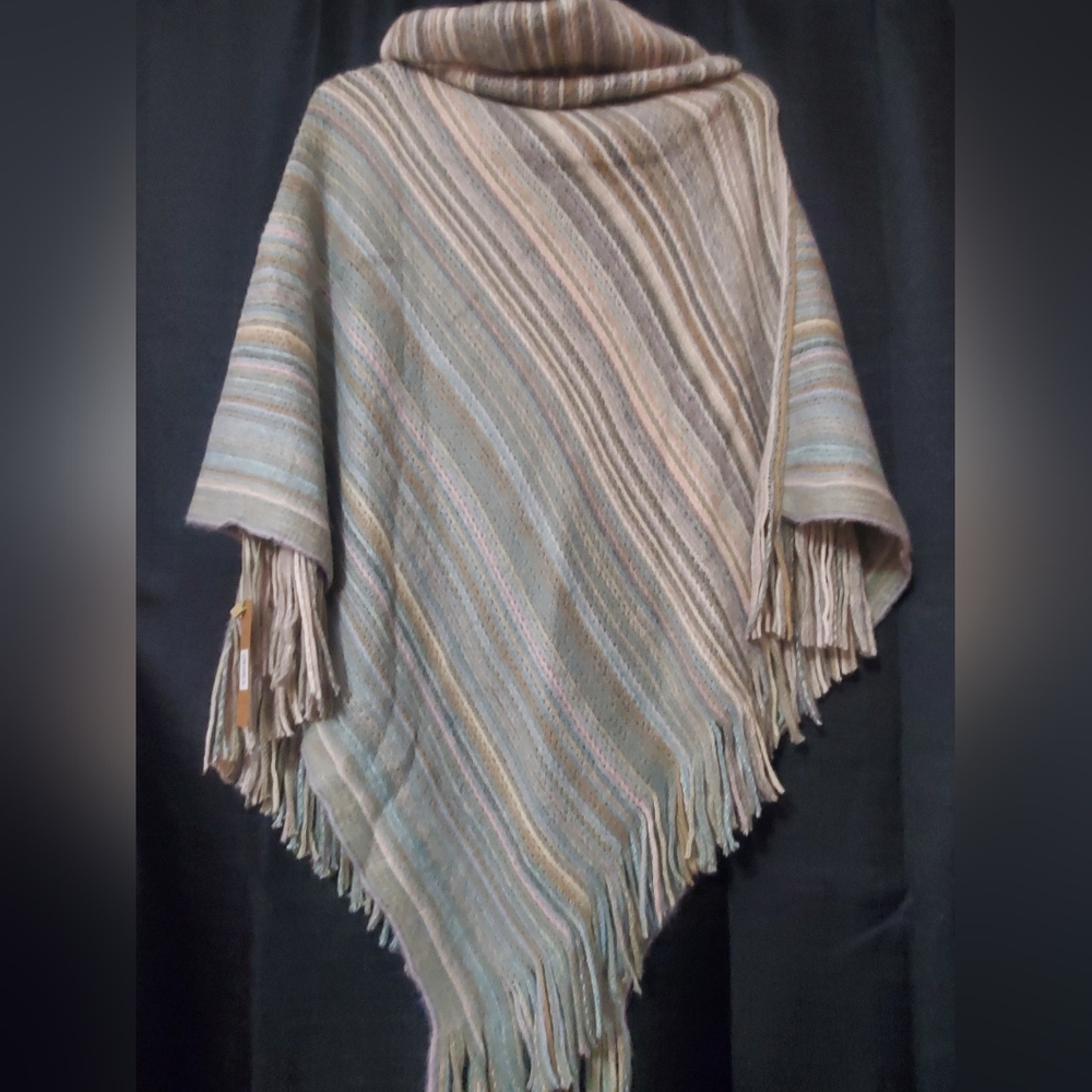 NWT Fringed pastel knit poncho with turtleneck mimics anthropologie brand